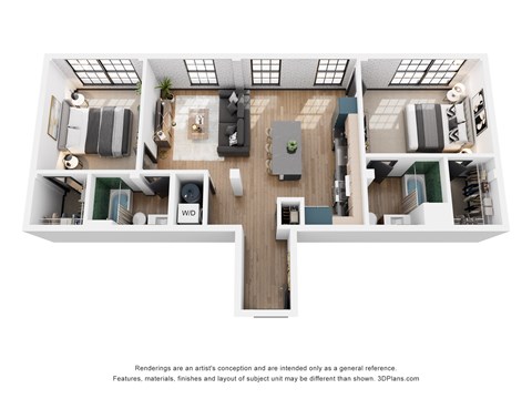 A 3D floor plan of a house with a kitchen, living room, and two bedrooms.